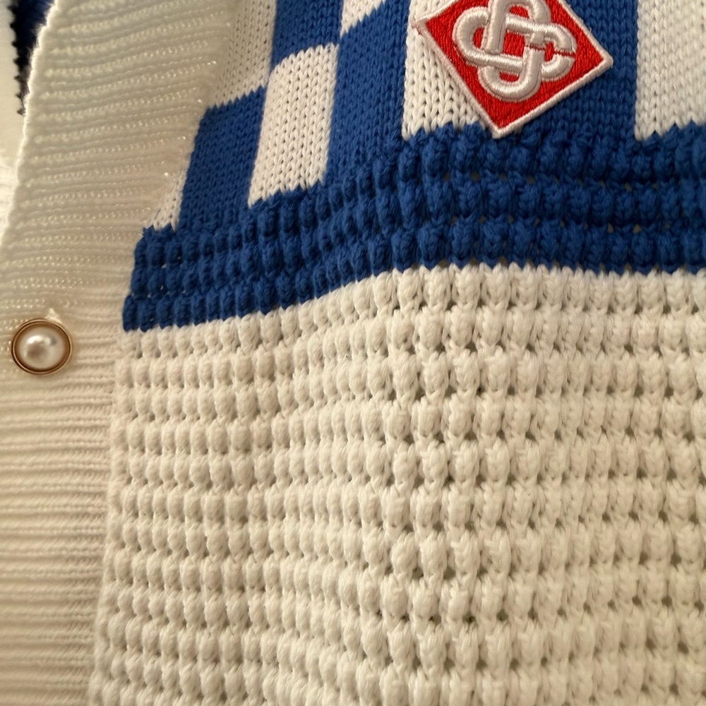 Blue & White Knit Short-Sleeve Button Cardigan - Picture 2 of 5